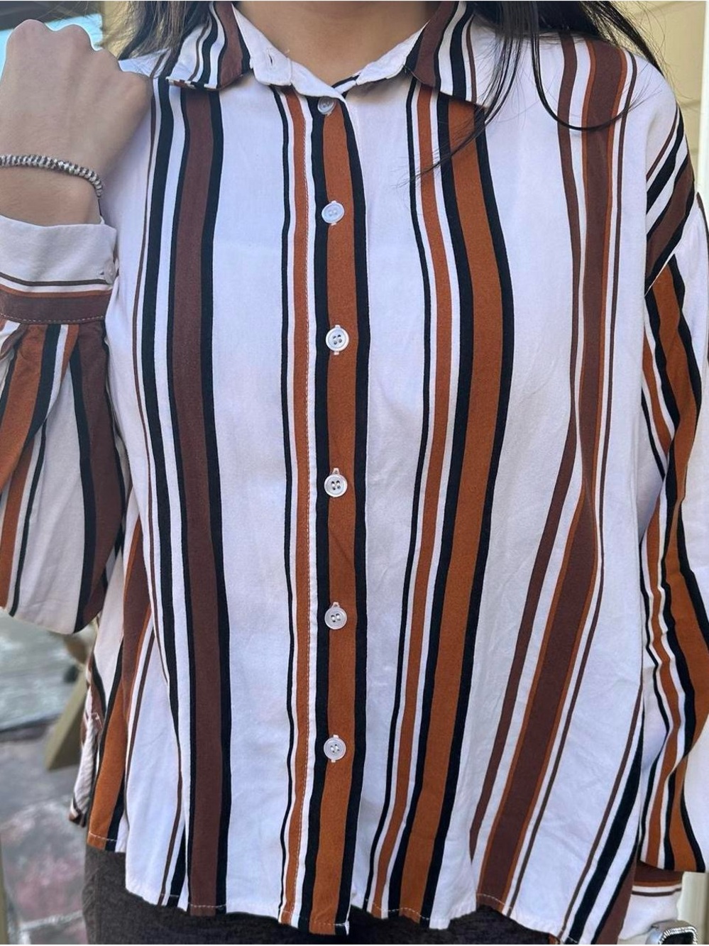 Forever 21 White Button-Down Shirt with Rust and Black Stripes